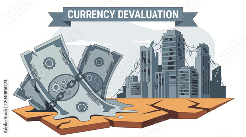 Photos Illustration of currency devaluation with banknotes and cityscape in a flat, graphic style on a cracked orange surface