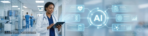 Healthcare professional utilizing ai technology for patient management in a modern hospital environment close-up view on innovative medical solutions