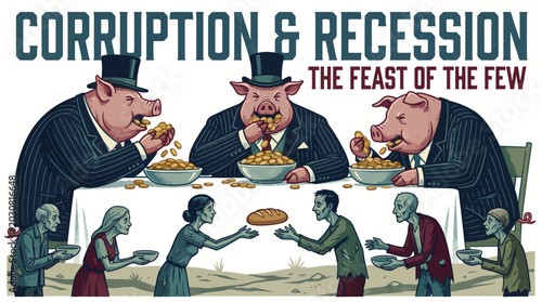 Tableau sur toile Illustration of three wealthy men in suits and top hats feasting at a long table
