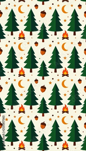 Forest Camping Pattern with Pine Trees and Campfires