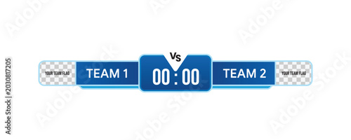 Modern sports scoreboard template showing two teams, versus icon, and digital timer with flag placeholders.