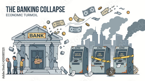 Cuadro en lienzo Illustration of a bank building with people standing outside, surrounded by falling money and broken ATMs with yellow tape, conveying economic turmoil