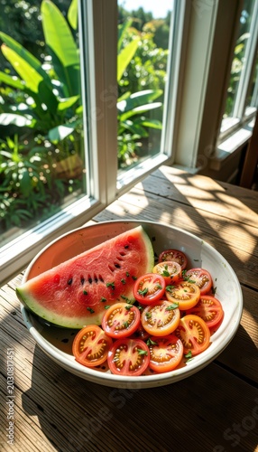 Fresh Watermelon and Cherry Tomatoes on Wooden Table by Window