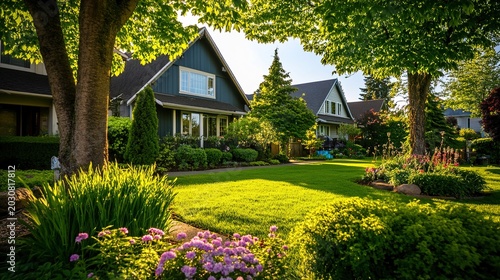 curb. Beautiful front yard with a healthy lawn and lush greenery in late spring. travel magazines, destination branding, designed for outdoor magazines and nature guides, used by health educators.