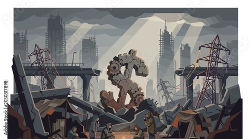 Foto Illustration of a post-apocalyptic cityscape with destroyed buildings and infrastructure under a gray, cloudy sky with a mountain range in the background