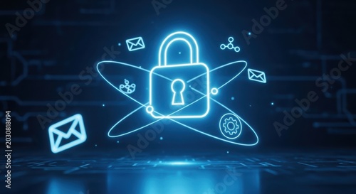 Padlock icon with emails and connections on blue background