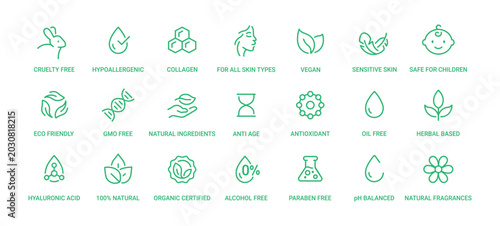 Bild auf Leinwand Eco Friendly Product Certification Icons Set Featuring Cruelty Free Vegan Organi