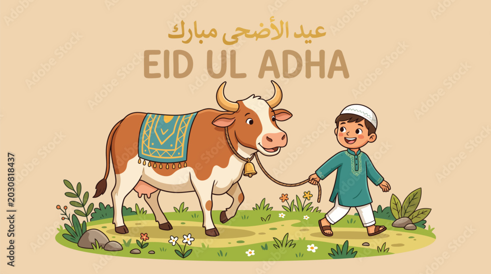 Fototapeta premium Eid ul Adha Cartoon Illustration of Cute Muslim Boy Leading a Sacrificial Cow on Eid Day