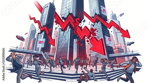 Canvas-taulu Illustration of business people pulling a boat through a cityscape with a downward trend graph in the background, conveying a challenging economic environment