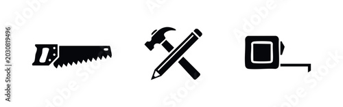 Foto Hand tools icons: saw, hammer with pencil, and tape measure