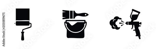 Bild auf Leinwand Painting Tools Icons Set: Paint Roller, Paint Can with Brush, and Spray Gun Silh