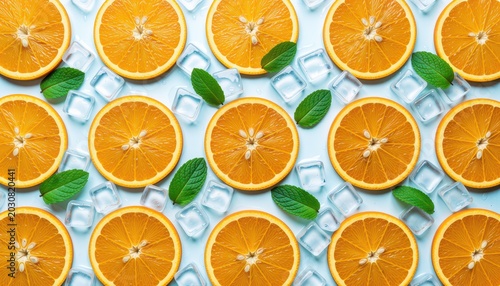 Sliced Oranges with Mint and Ice Cubes on Light Blue Background