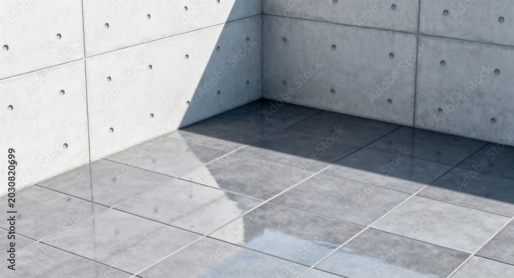 Fototapeta premium Minimalist concrete room corner with modern tiled floor and dramatic shadow. A clean, pristine architectural backdrop for product display or abstract concepts