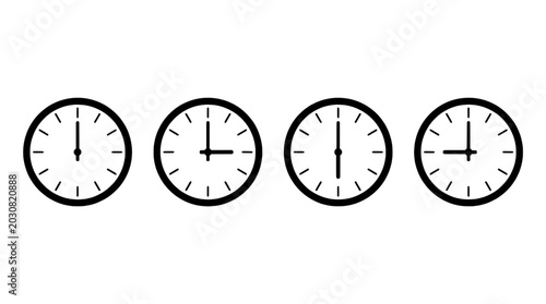 Clocks set with black and white design showing different times featuring time, analog, timekeeping with minutes and hours elements for circular,