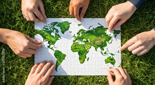 Global teamwork and environmental cooperation. Sustainability puzzle. Group of hands assembling a world map jigsaw puzzle made of green forest textures on a grass background