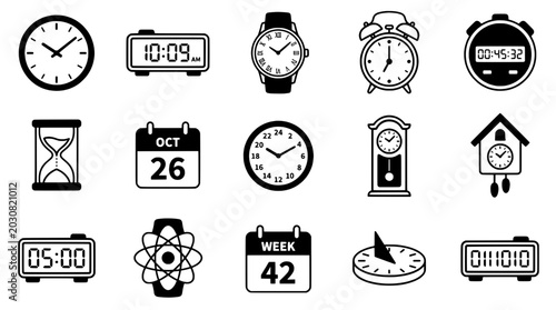 Clocks set with various timekeeping devices including analog and digital styles featuring wristwatch, alarm clock, stopwatch with hourglass and