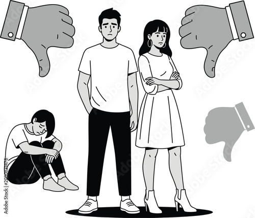 Canvas Print Illustration of unhappy couple with disapproval thumbs down around them