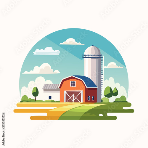 Cartoon Farm Landscape with Barn and Silo Illustration.