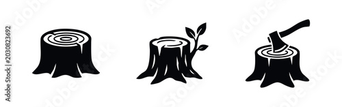 Bild auf Leinwand Tree stump icons representing logging, deforestation, and regeneration