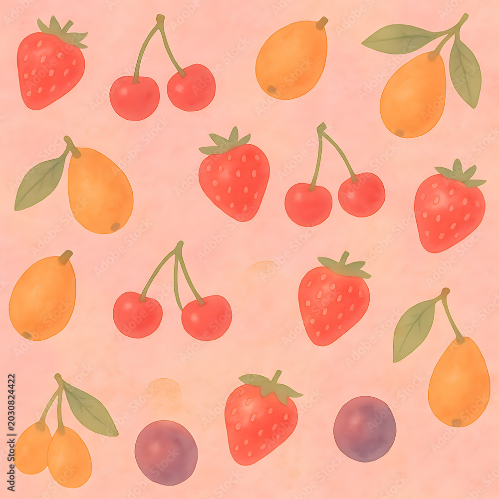Obraz premium Seamless watercolor pattern of mixed spring and summer fruits including strawberries, cherries, and loquats. generated by AI.