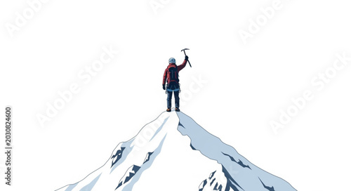 Tableau sur toile Man standing on snowy mountain peak holding ice axe.