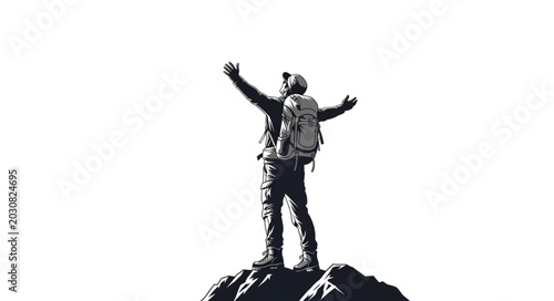 Foto Man standing on mountain peak with arms raised in victory.
