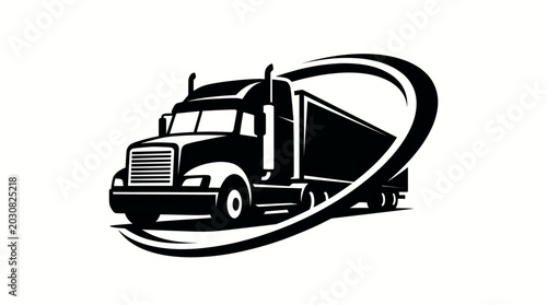 A large semi-truck drives swiftly on the highway with motion blur.