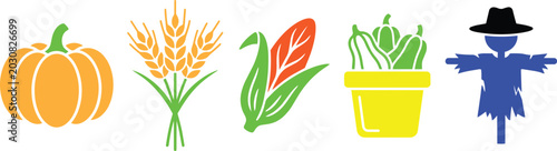 Fotografía Collection of harvest icons: pumpkin wheat corn peppers scarecrow with harvest f