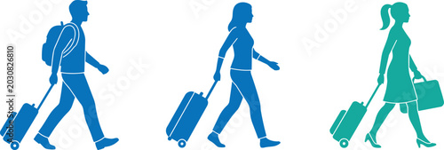 Fényképezés Silhouettes of three people with luggage walking and traveling carry on suitcase