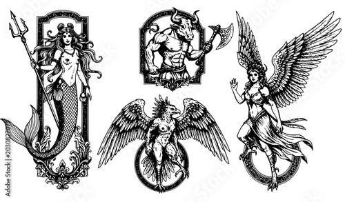 Konstfotografi Mythological creature engraved vector set with mermaid minotaur and harpy vintag
