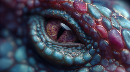 Detailed macro photography of a fierce fantasy dragon or reptile eye featuring vivid red and teal textured scales with an intense sharp vertical slit pupil.