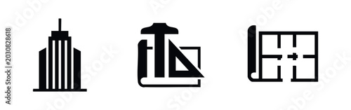 Architecture and planning icons set with skyscraper, drafting tools on blueprint, and a floor plan layout symbols