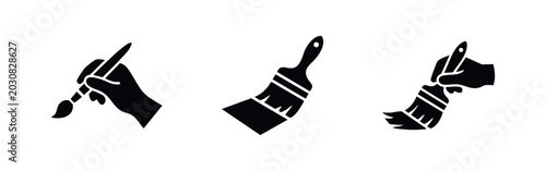 Painting and art tools icons set with hand holding a paintbrush, and various brush representations for creativity symbols