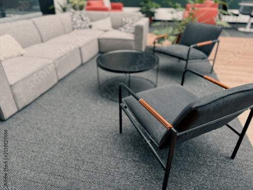 Intérieur d'un air de détente moderne avec canapé, fauteuils et table basse dans un bureau