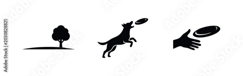 Photos Dog Playing Frisbee in Park Icons Set