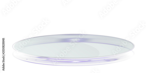 Futuristic transparent glass podium with glowing purple neon ring and holographic lighting on black background. Minimal sci-fi showcase platform for product presentation and digital display.