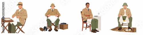 Fotografie Illustration collection of four men in vintage safari attire sitting and dining, portraying a classic exploration or colonial travel theme