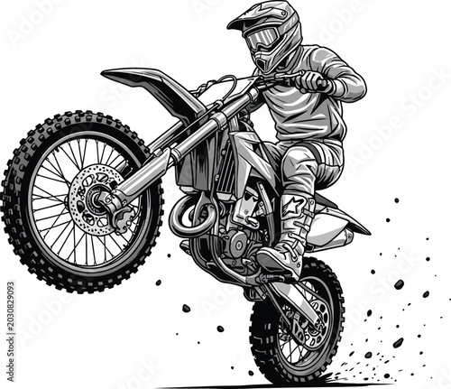 Фотография Motorcyclist riding dirt bike performing stunt on white background