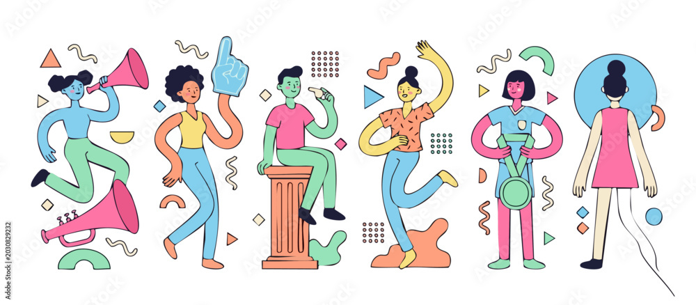 Fototapeta premium Sport Fans Celebration Vector Illustration, Cheering Group Characters with Whistle and Medal, Colorful Flat Design Team Spirit Concept for Athletic Events and Victory Success Graphic on White Backgrou