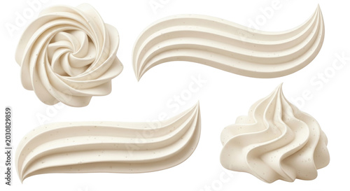 Whipped cream swirls and dollops set, white vanilla frosting peaks and swirls, creamy dairy foam elements for dessert decoration