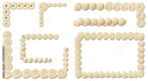 Whipped cream borders and frosting corners set, vanilla buttercream swirls on white background, decorative cake icing frames for bakery branding