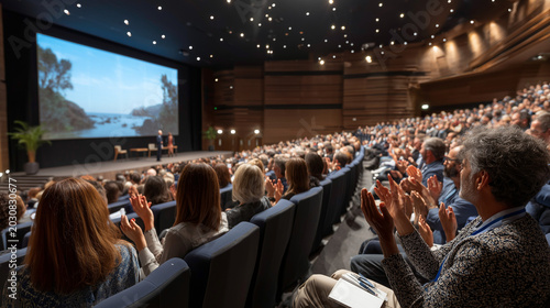  Corporate townhall event with employees applauding leadership in a modern office.
