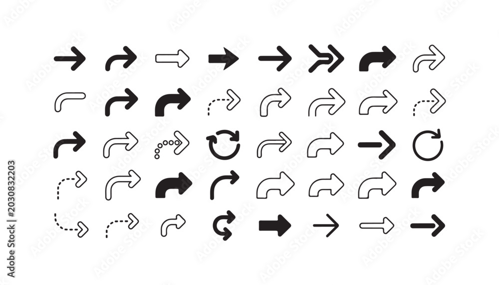 Fototapeta premium Set of 48 black vector arrows, modern simple navigation icon collection on transparent background.