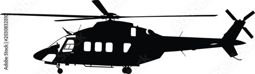 Konstfotografi Silhouette of a modern helicopter with rotors and windows flying  isolated on wh