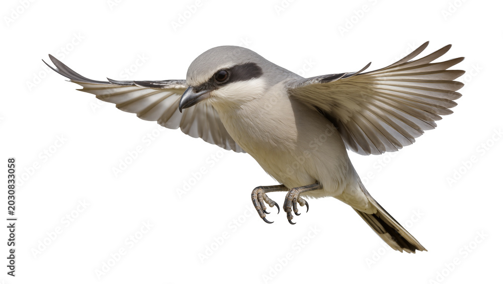 Φωτογραφία Grey shrike bird with wings spread in flight