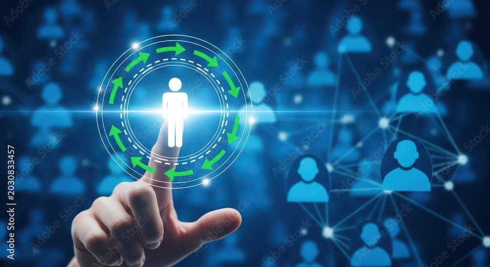 Fototapeta premium Human Resources Management and Networking Concept with Digital Interface and Hand Touching Person Icon