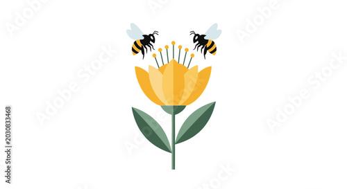 Canvas-taulu Honey Bees Pollinating a Yellow Flower Illustration