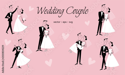 Quadro su tela Wedding couple pose collection vector illustration