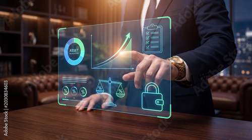 Business investor using futuristic digital interface with asset allocation, financial graph, and security in office environment