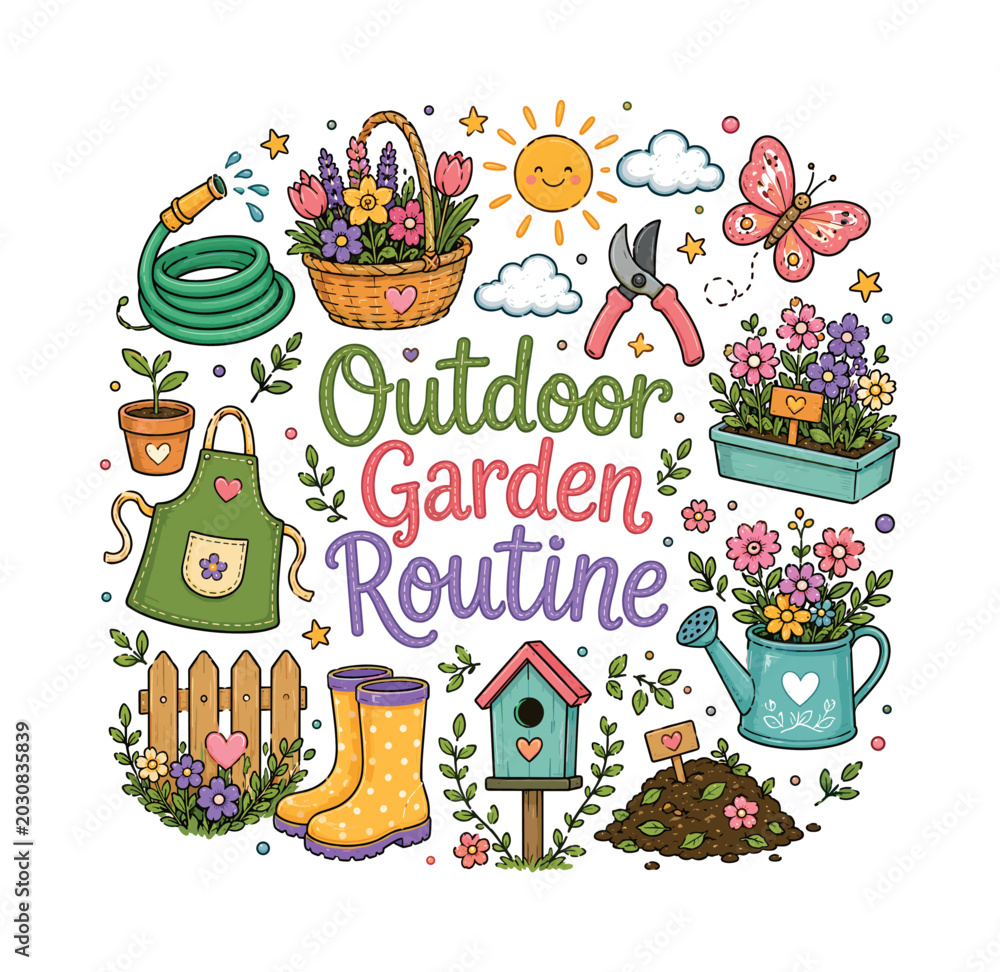 Fototapeta premium Outdoor Garden Routine. Hand drawn illustration of Outdoor Garden Routine. garden hose, flower basket, sunny clouds, pruning shears, butterfly garden, plant sprouts, gardening apron, wooden fence,